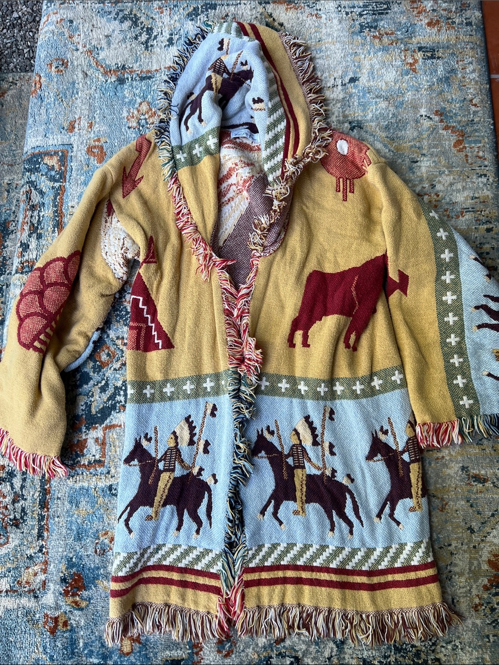 Saks Fifth Avenue Fringe Cardigan Jacket in Mustard, Light Blue & Burgundy